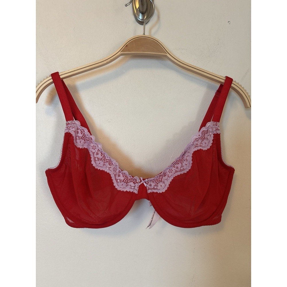 Victoria's Secret Tease Bra Unlined Demi Red Pink Sheer Underwire Lace 34DDD